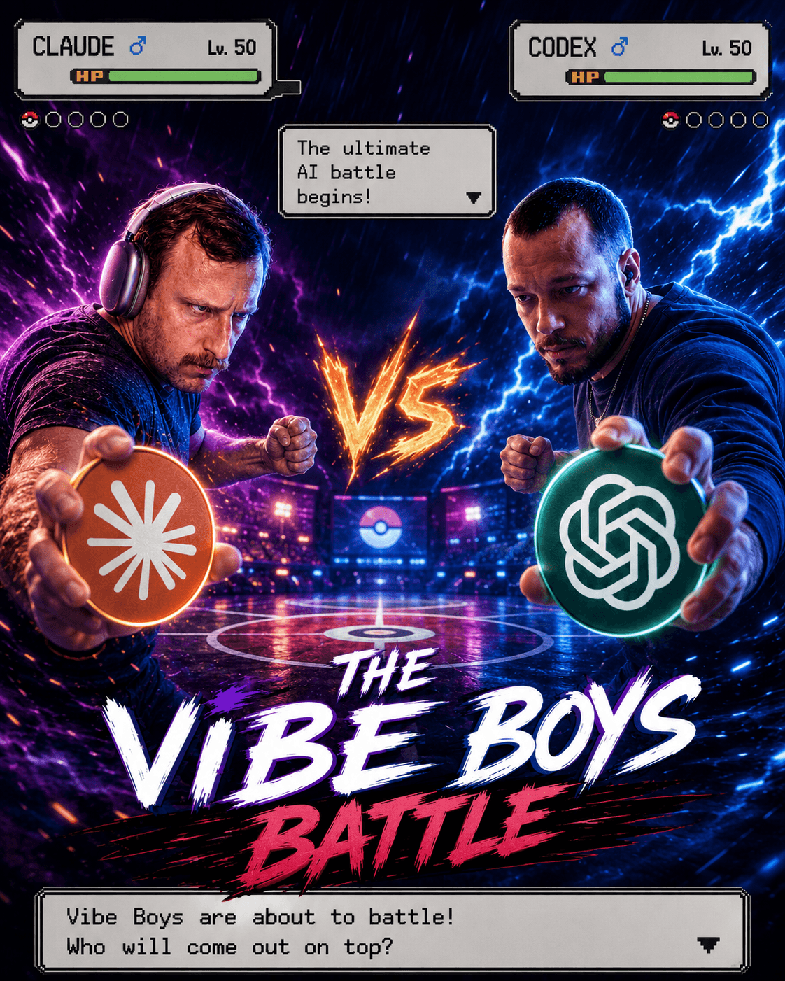 Retro game battle poster showing Claude and Codex facing off with The Vibe Boys Battle branding.