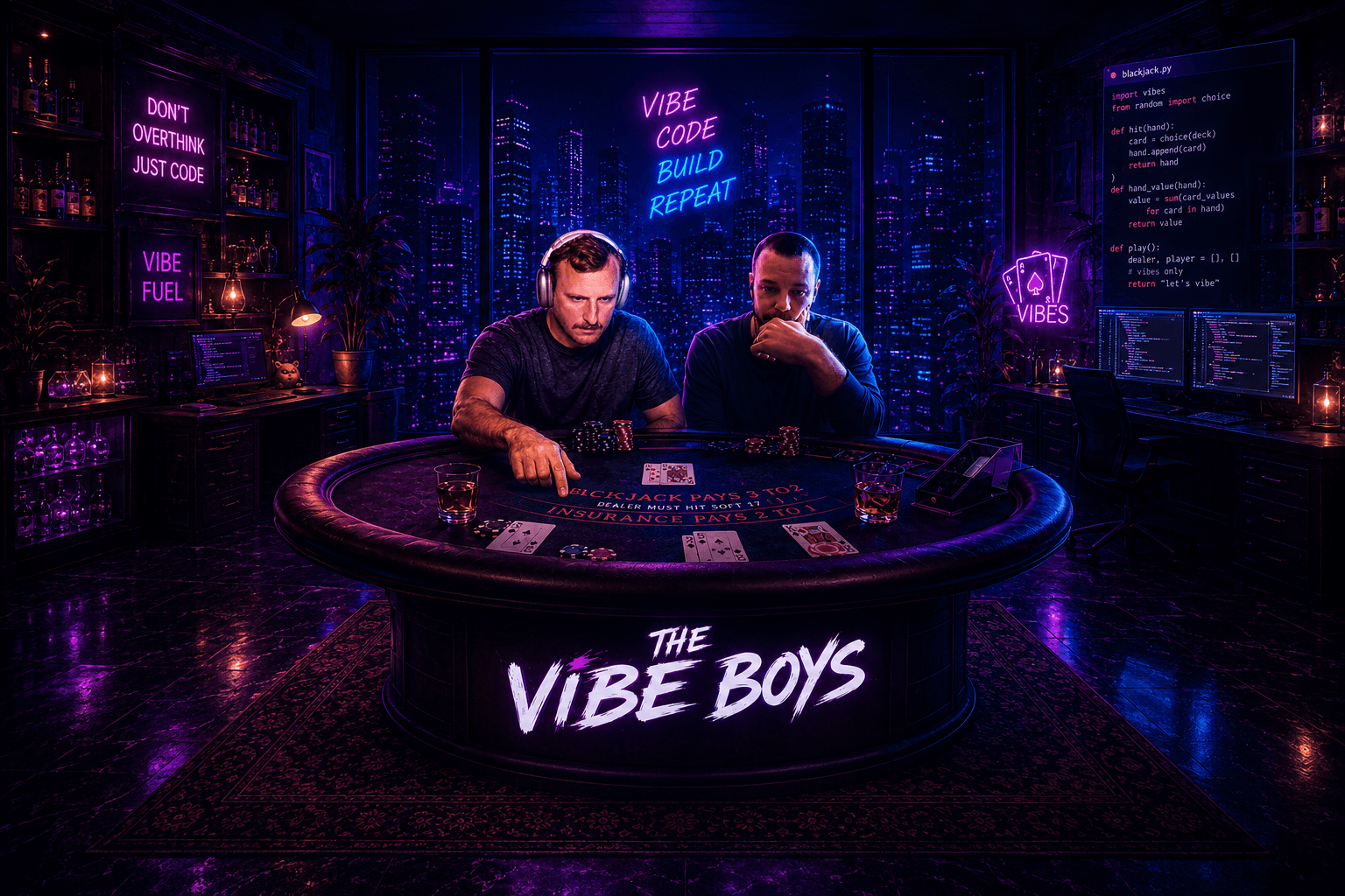 Neon casino scene of PepTechDev and TheDevDad at a blackjack table with The Vibe Boys branding.