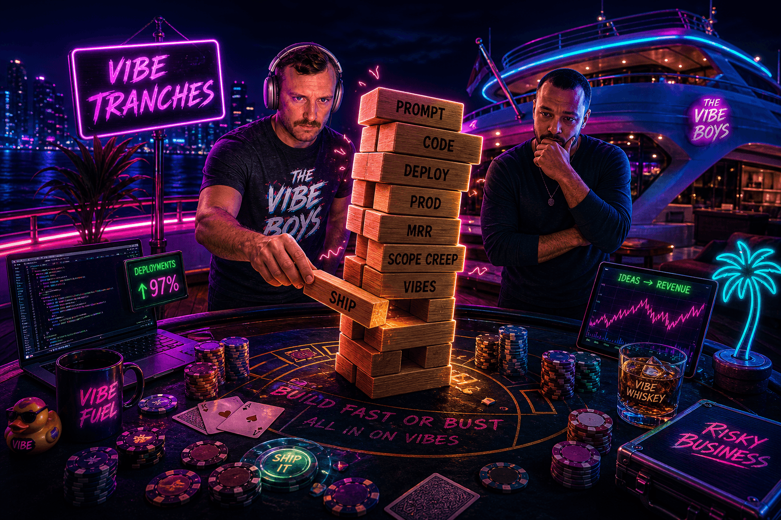 Neon yacht casino scene of PepTechDev and TheDevDad watching a glowing block tower labeled with build-risk jokes.