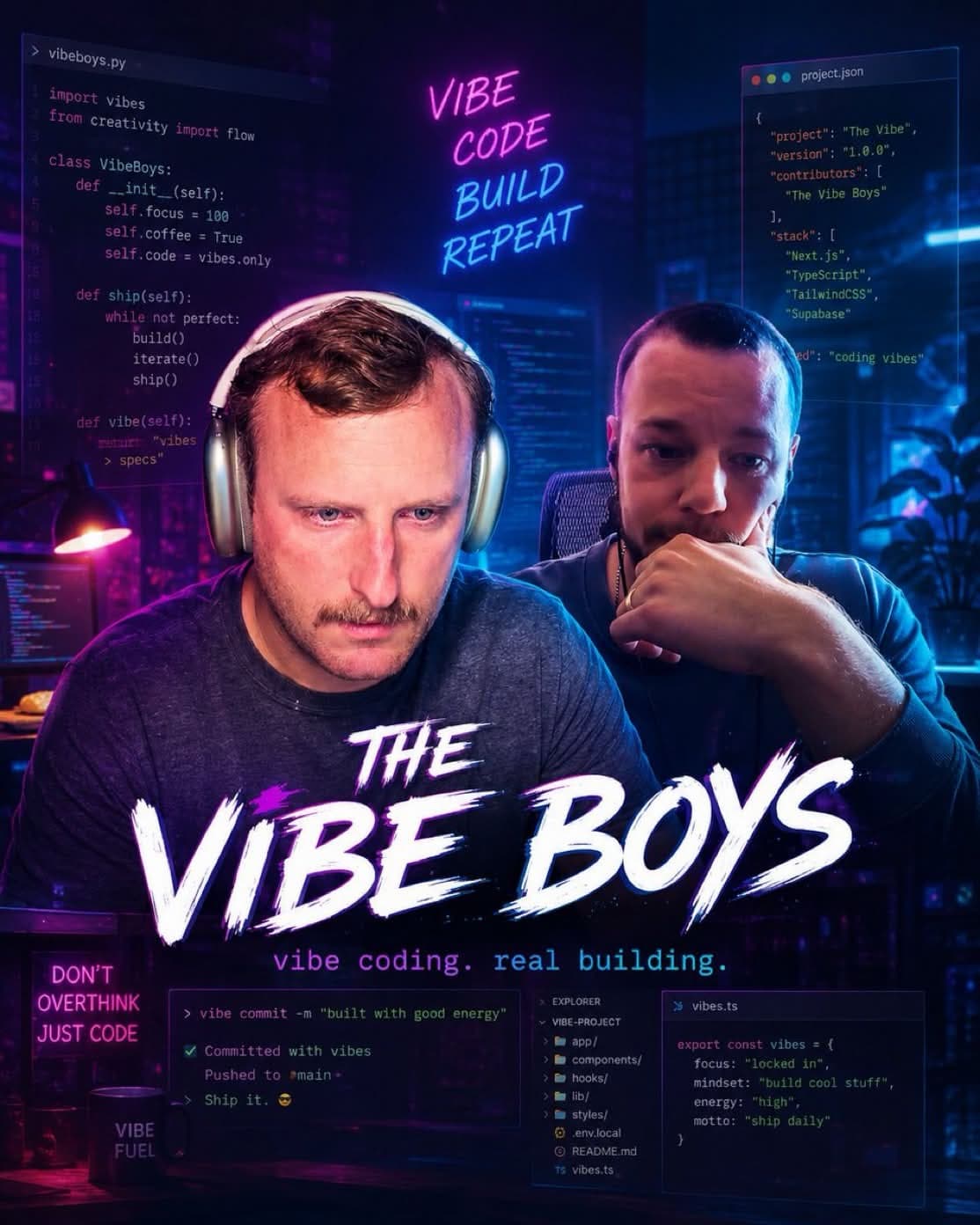 The Vibe Boys neon stream poster featuring PepTechDev and TheDevDad.