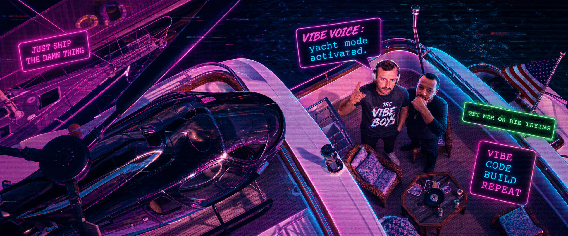 The Vibe Boys standing on a neon yacht deck beside a helicopter with Vibe Voice captions.